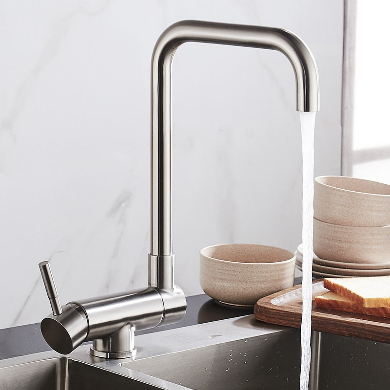 Deck-mounted lead-free kitchen faucet, single handle, 360° swivel, brushed nickel finish for any kitchen.