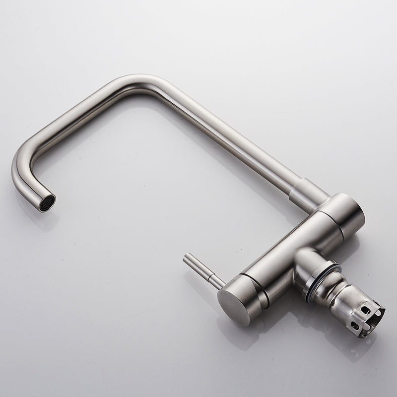 Premium lead-free kitchen faucet with 360° swivel spout, single handle for precise water temperature.