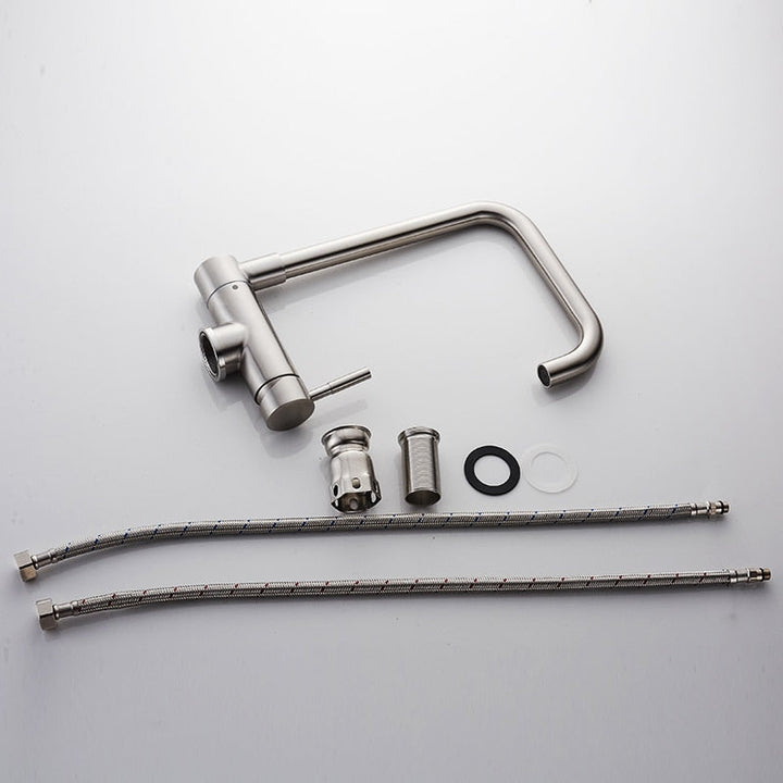 Modern home improvement: Single handle kitchen faucet, 360° swivel, sleek design, brushed nickel.