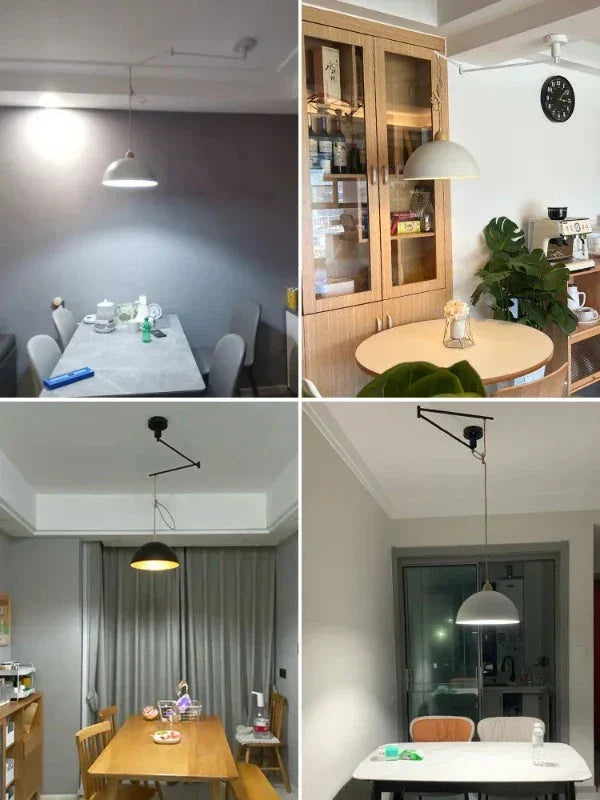 Dynamic modern ceiling light with movable arms, casting versatile ambient light for dining areas.