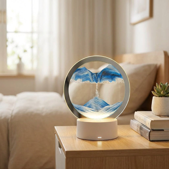 Modern circular flowing sand LED table lamp. Mesmerizing motion art decor for ambient lighting & relaxation.