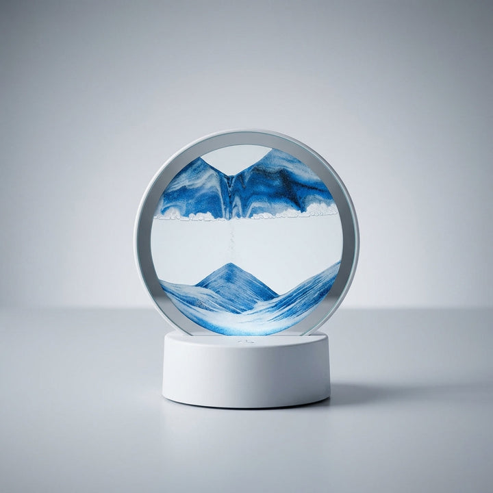 Decorative modern circular sand lamp with LED light. Creates a relaxing ambient glow & captivating flowing sand art.