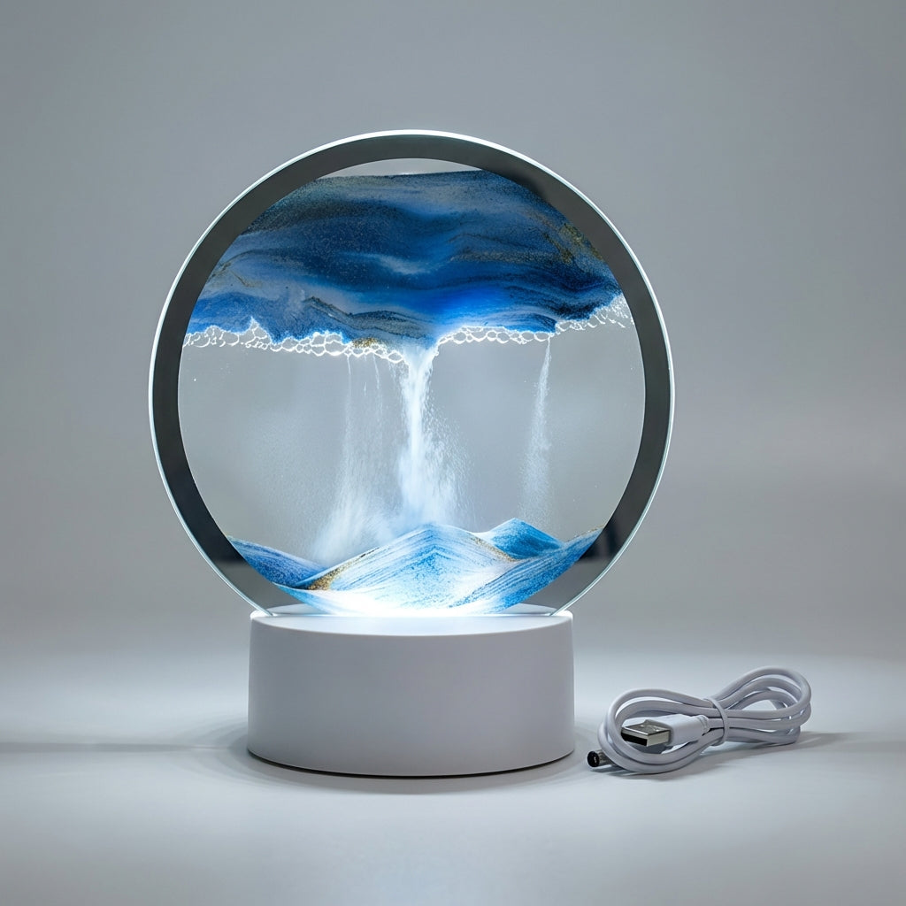 Modern circular LED sand lamp, a captivating motion desk lamp. Perfect for ambient lighting & home decor relaxation.