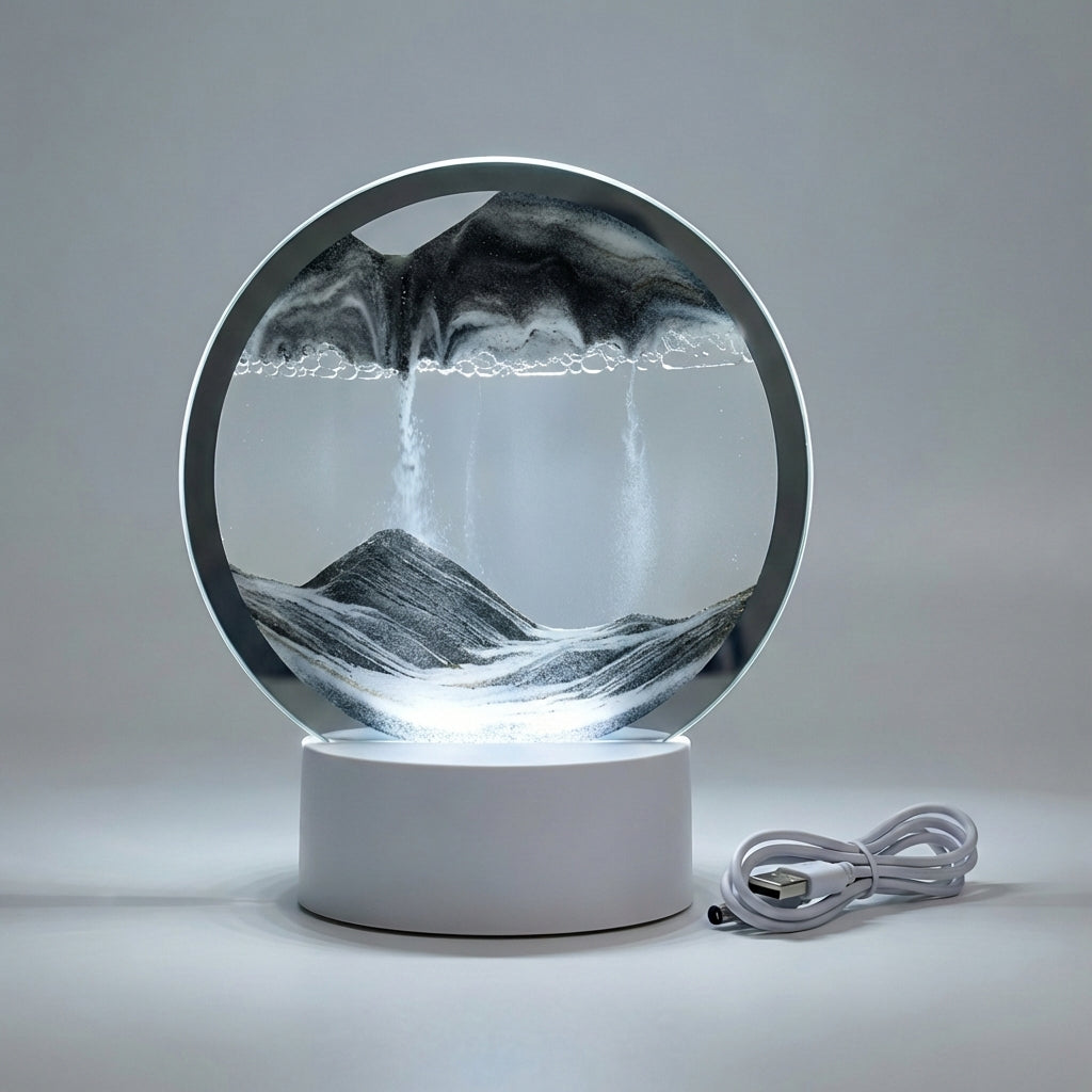 LED circular sand art lamp, a modern decorative piece. Offers soothing ambient lighting & mesmerizing flowing sand.