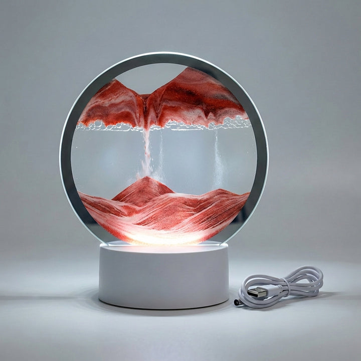 Relaxation sand lamp with LED light. Modern circular design, mesmerizing flowing sand, perfect for ambient home decor.