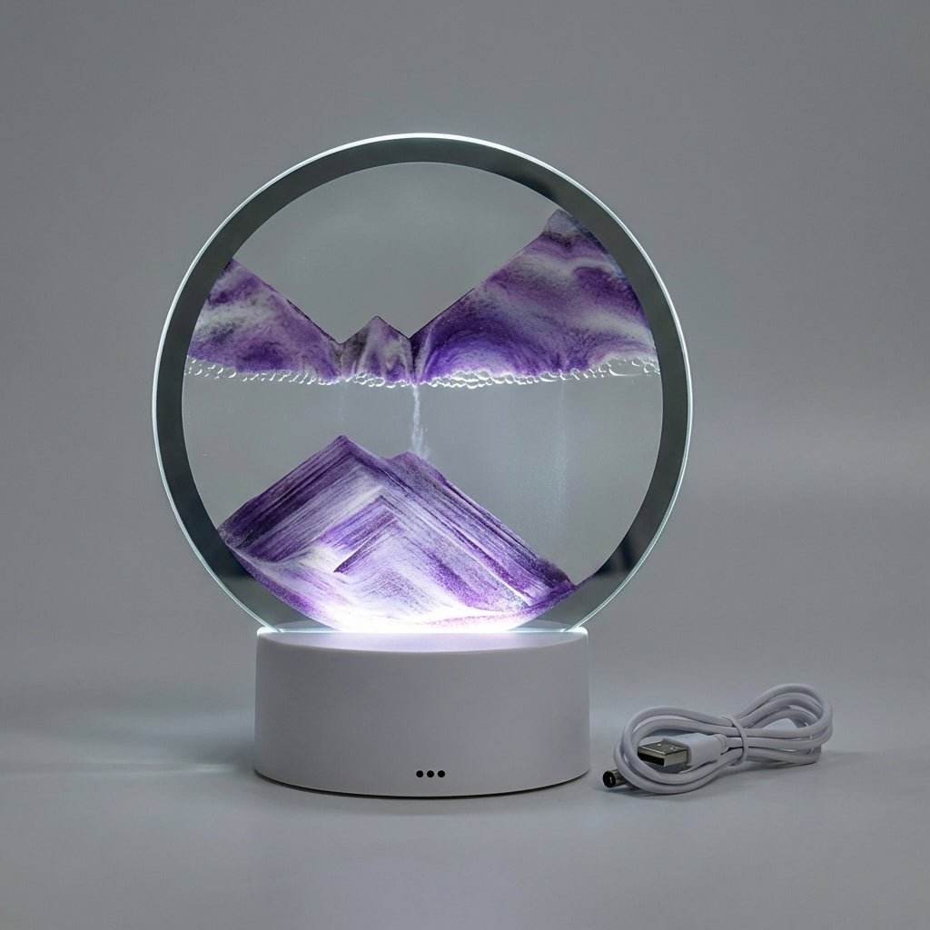 Modern circular LED motion lamp with mesmerizing flowing sand. Stylish decorative table lamp for home & office.
