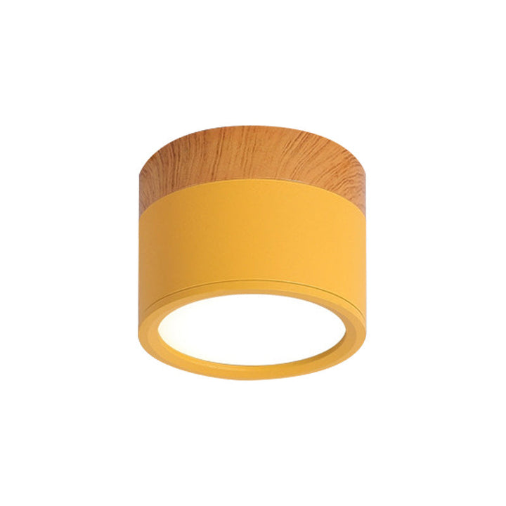 Contemporary cylindrical LED flush mount ceiling fixture, perfect for modern home decor, kitchen & bar lighting.