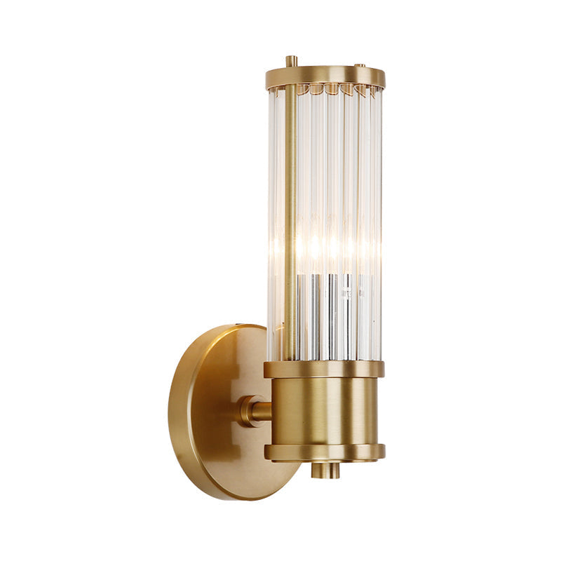 Modern crystal cylinder wall sconce with gold finish, 1-light design for elegant home decor.