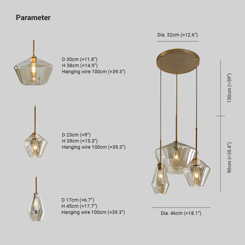Contemporary clear glass pendant light with diamond design.