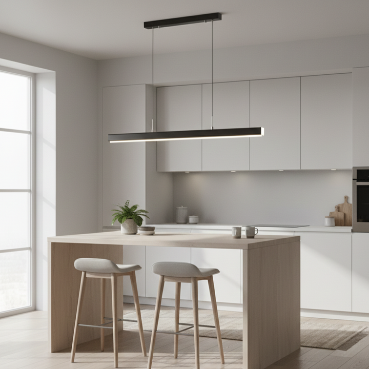 Contemporary LED ceiling light fixture, adjustable height and dimmable, perfect for dining rooms.