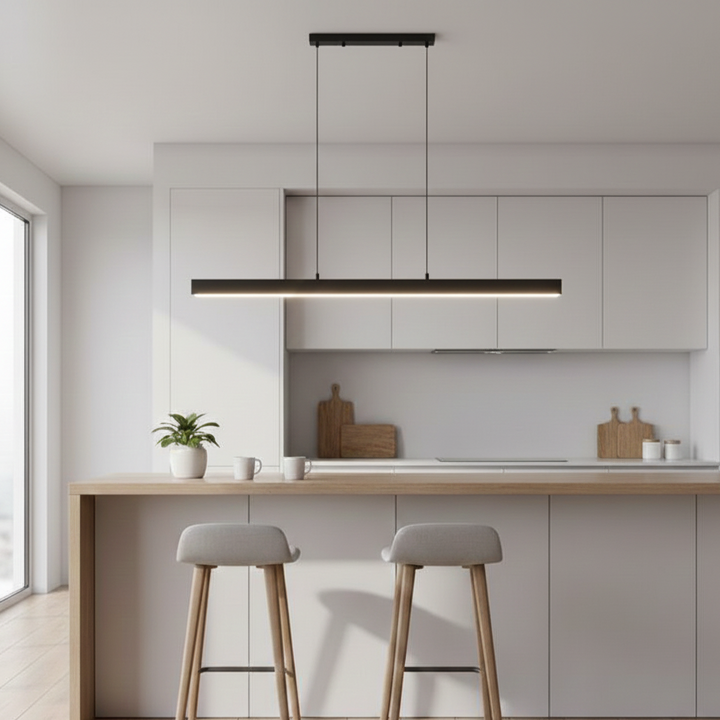 Adjustable modern LED pendant light, customizable color and brightness for any contemporary room.