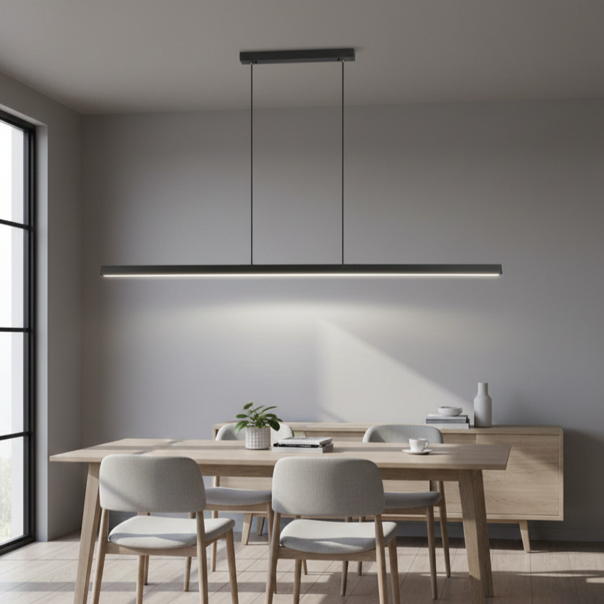 Stylish LED pendant light with dimming feature, suitable for modern kitchen and dining areas.