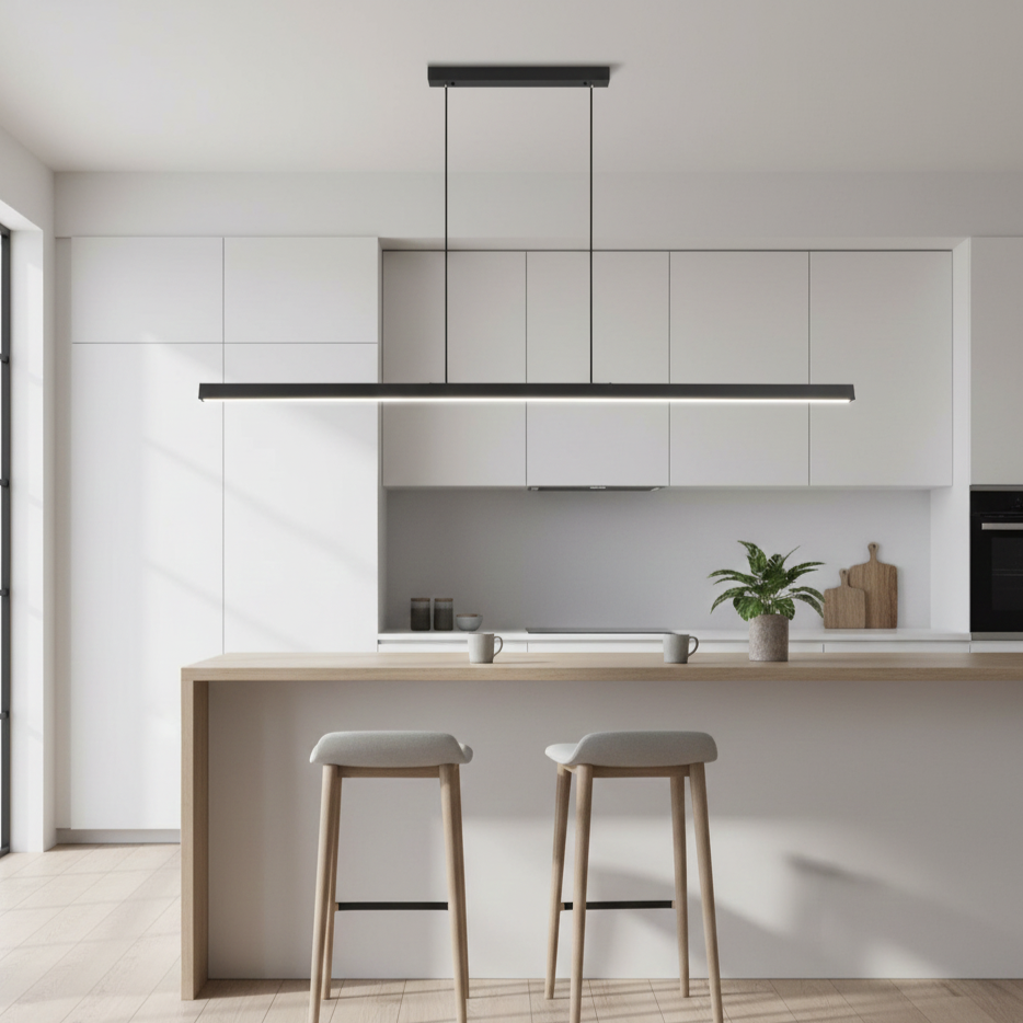Long modern LED pendant, adjustable height and color temperature, ideal for living spaces.
