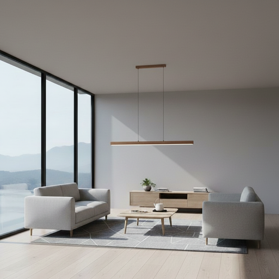 Geometric modern LED pendant light, adjustable for optimal lighting in dining areas.