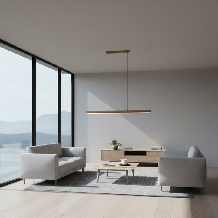 Geometric modern LED pendant light, adjustable for optimal lighting in dining areas.