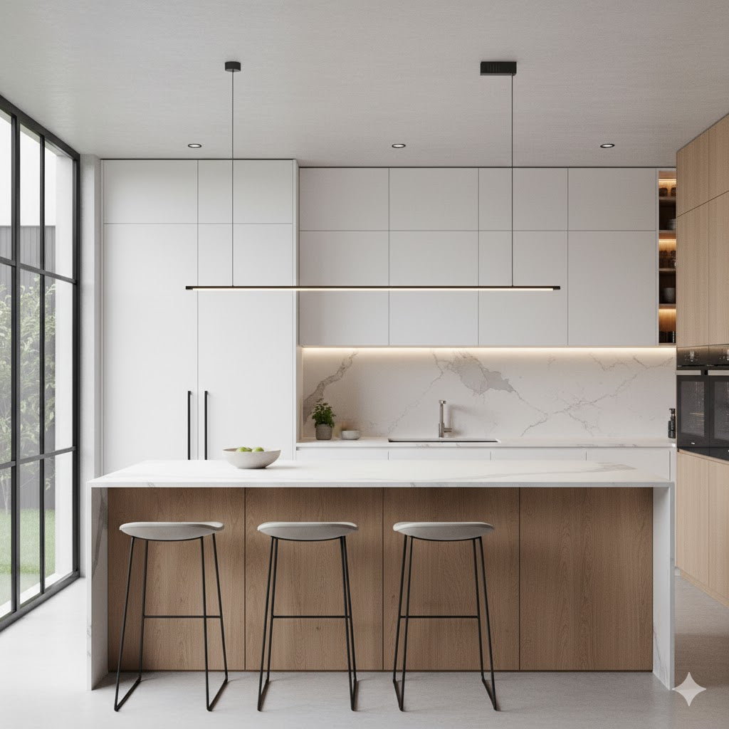 Modern Dimmable Linear LED Kitchen Island Pendant Light, sleek black finish.