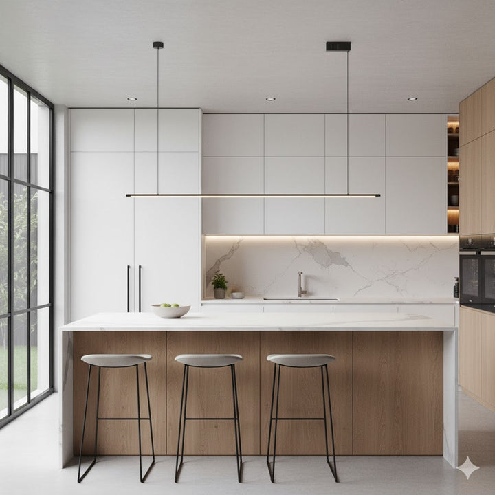Modern Dimmable Linear LED Kitchen Island Pendant Light, sleek black finish.