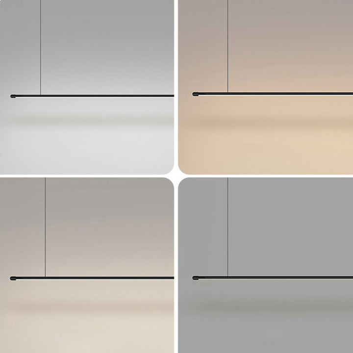 Black linear LED modern dimmable pendant light for kitchen island applications.