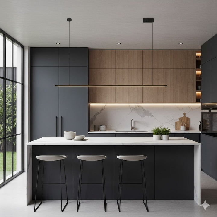 Energy-efficient modern linear LED kitchen island pendant light, dimmable black.