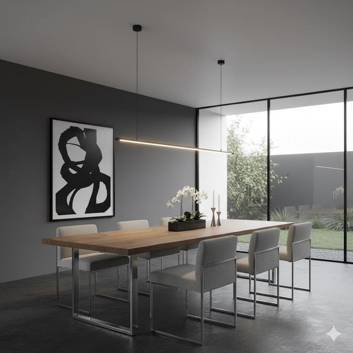Sleek black linear LED pendant light for modern kitchen islands, dimmable.