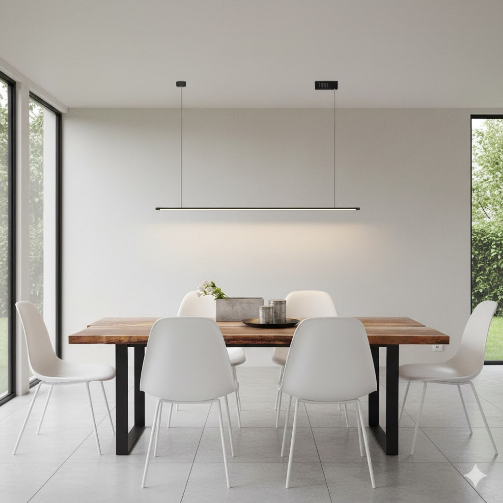 Adjustable modern black linear LED kitchen island pendant light, dimmable feature.