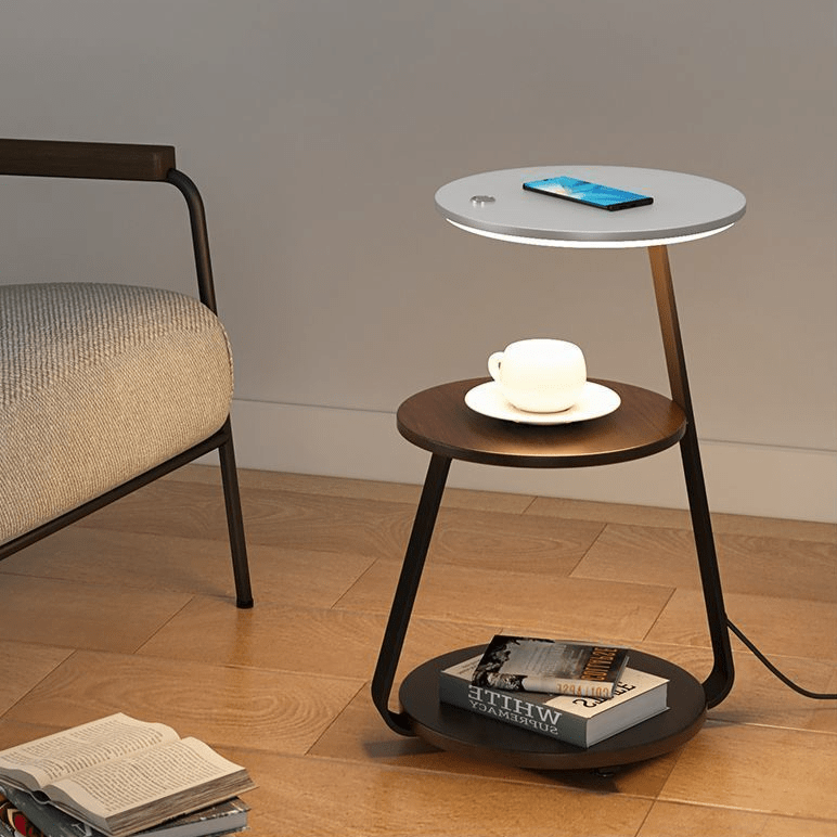 Versatile modern side table for living room or bedroom, stone top, steel base, storage.
