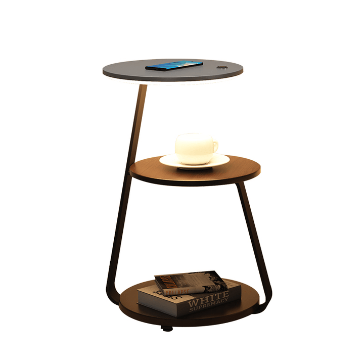 Chic living room side table, double-tiered, stone top, steel frame, and discreet storage.