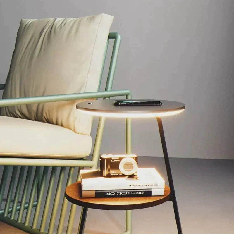Luxury accent table with a double-layered design, stone surface, and robust steel frame.