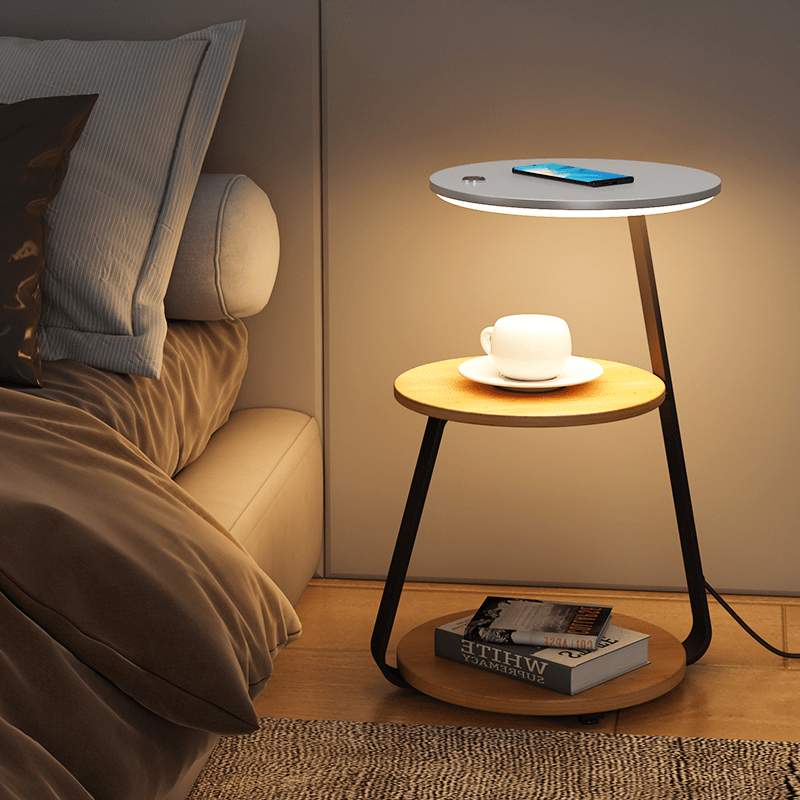 Elegant double-layered end table for bedroom decor, stone top, steel frame, and storage.