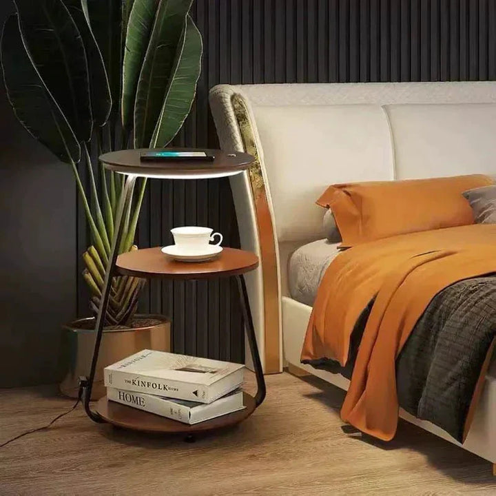 Sleek modern side table with a sophisticated stone top, steel frame, and hidden storage.