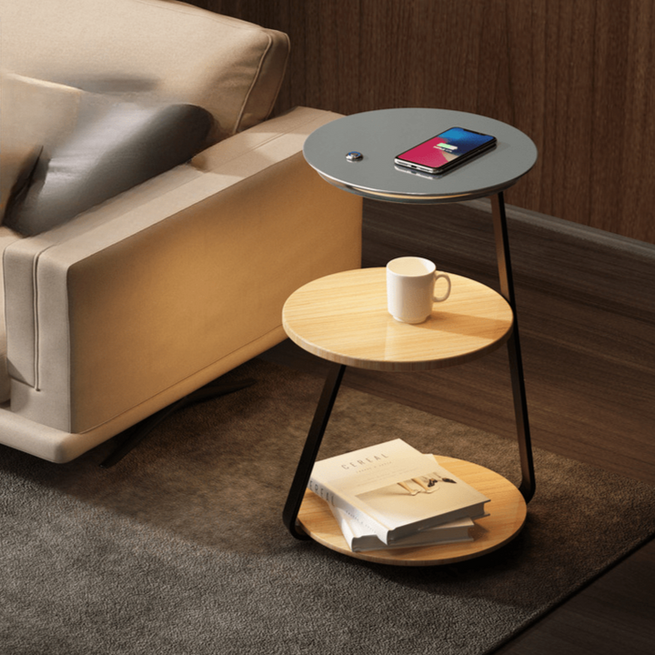 Luxury home decor accent table, double-tiered design, stone top, steel frame, storage.