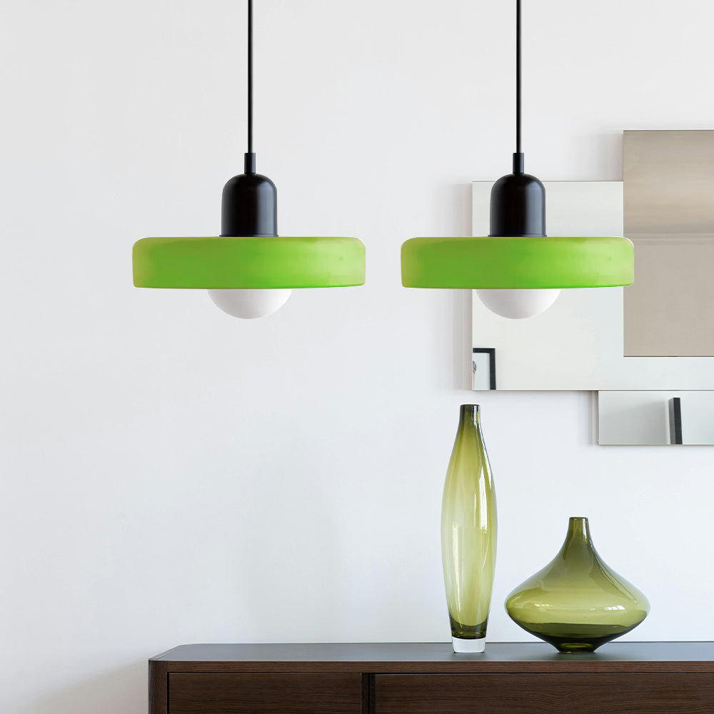 Modern glass double pendant light, dual-tone elegance for dining room ambiance.