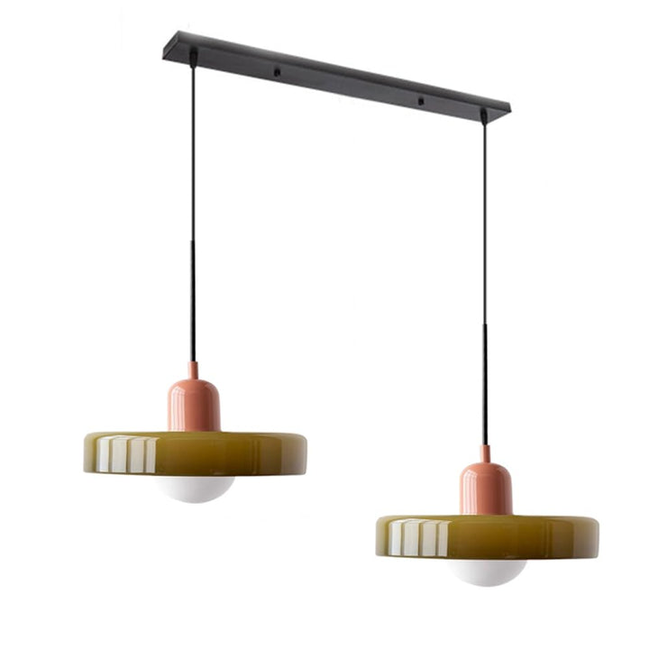 Stylish ceiling double pendant, modern glass, enhances living room decor.