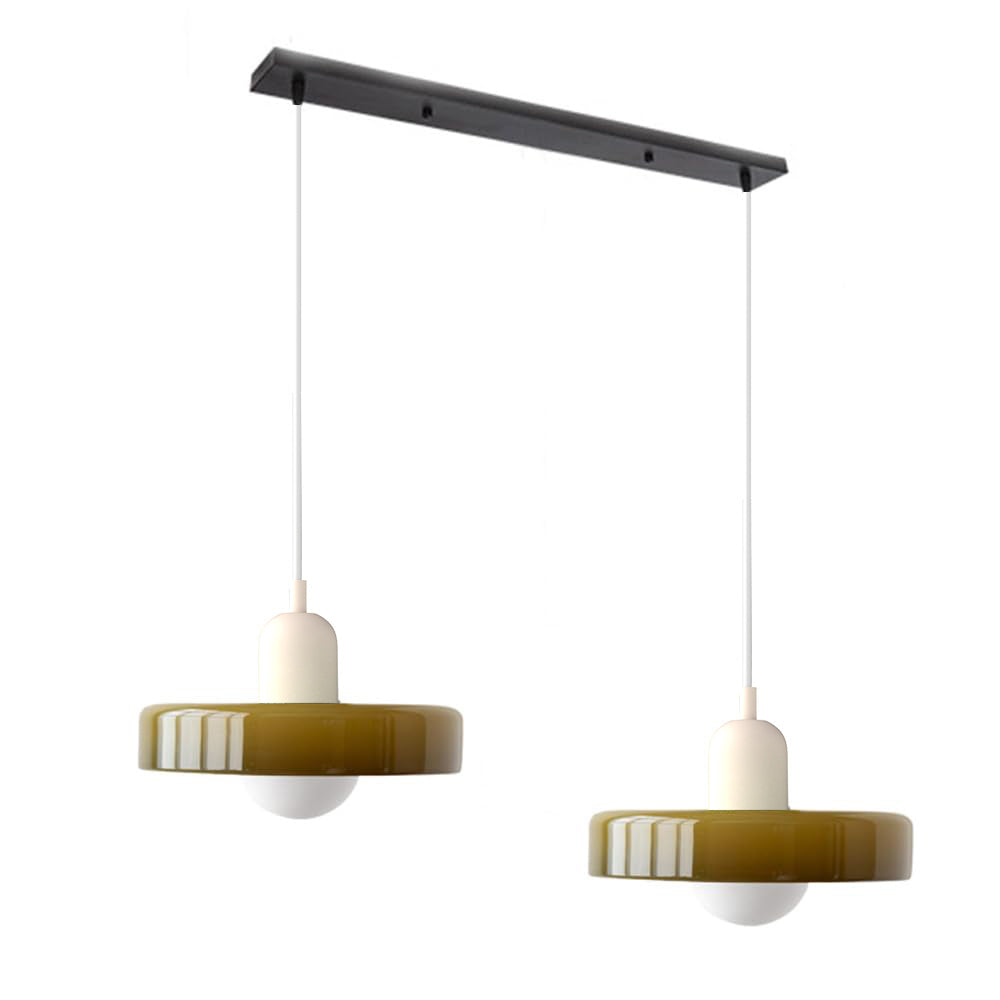 Modern double pendant light, glass design, dual-tone for home ambiance.