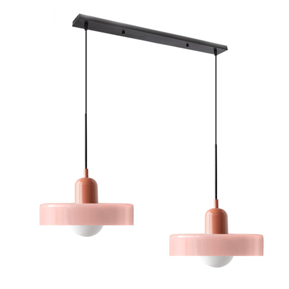 Elegant modern double pendant, glass, perfect for dining room lighting.