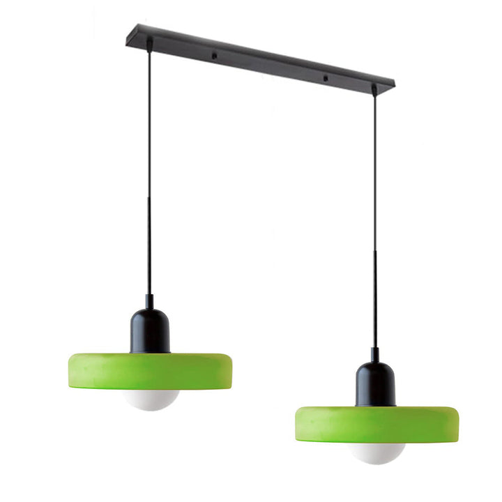 Modern double pendant light, elegant glass for contemporary living room lighting.