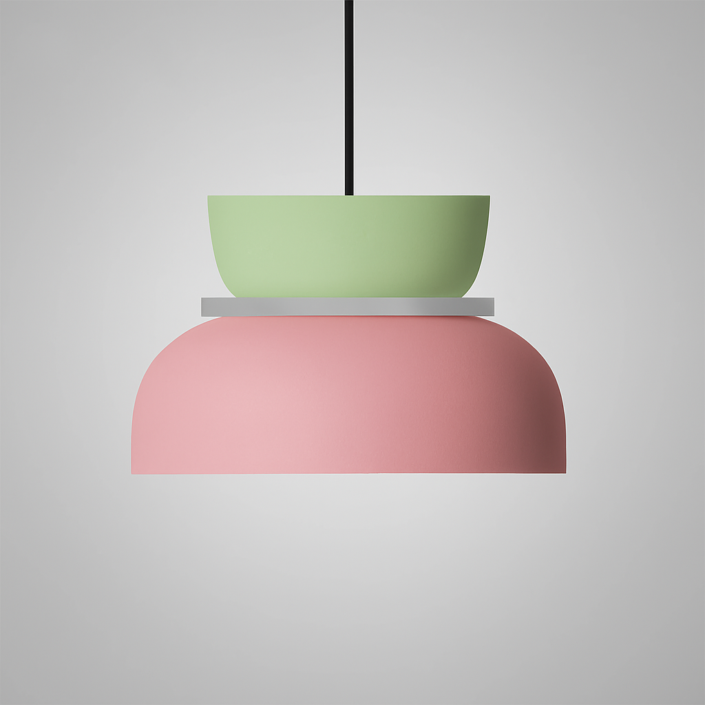 Angled view of a modern dual-tone Nordic dome pendant light. Elegant ceiling lamp for various settings.
