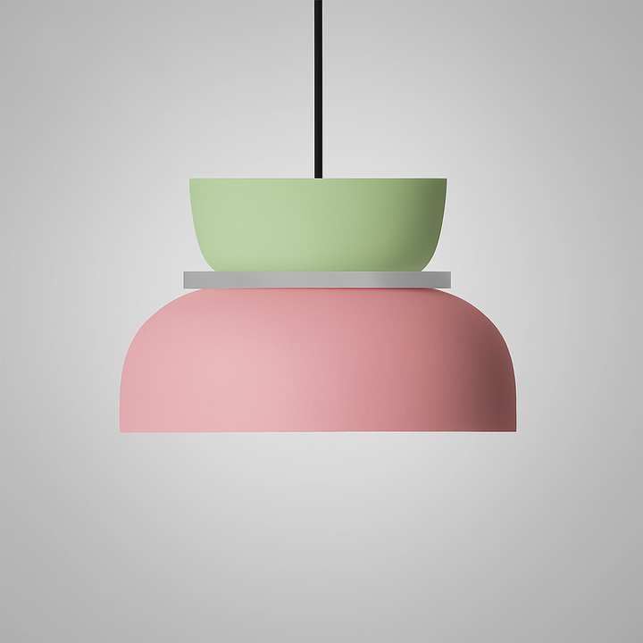 Angled view of a modern dual-tone Nordic dome pendant light. Elegant ceiling lamp for various settings.