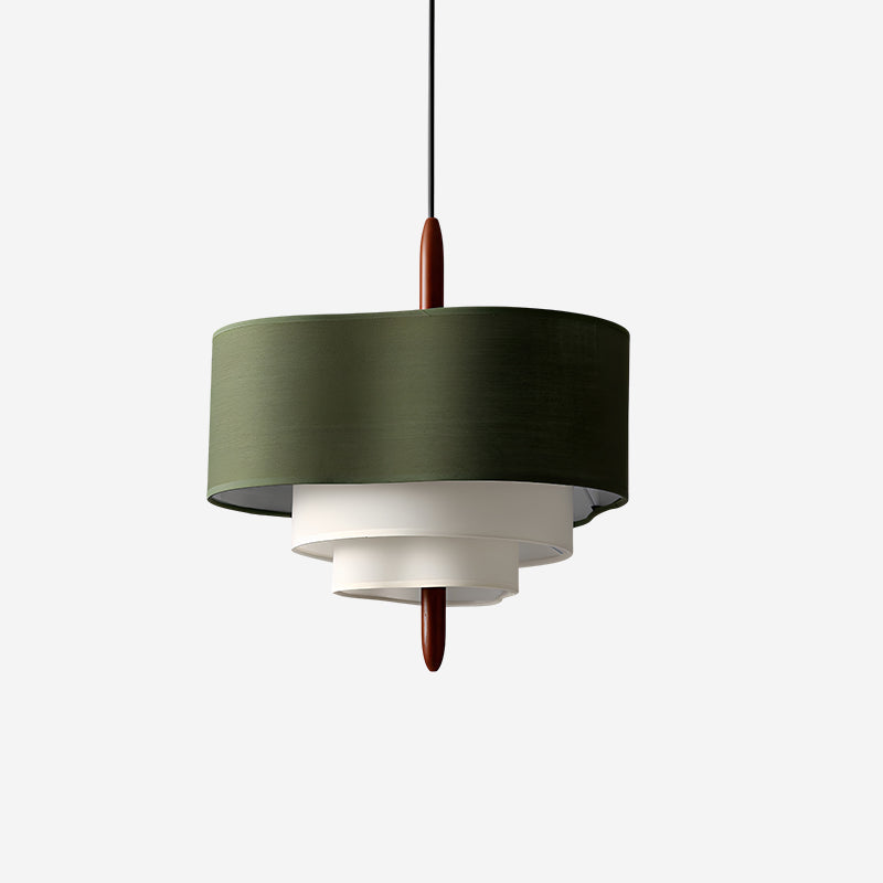 Modern fabric pendant light with wood detail, perfect for dining room ambiance.