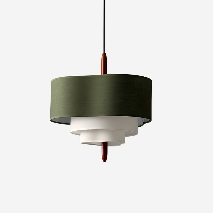 Modern fabric pendant light with wood detail, perfect for dining room ambiance.