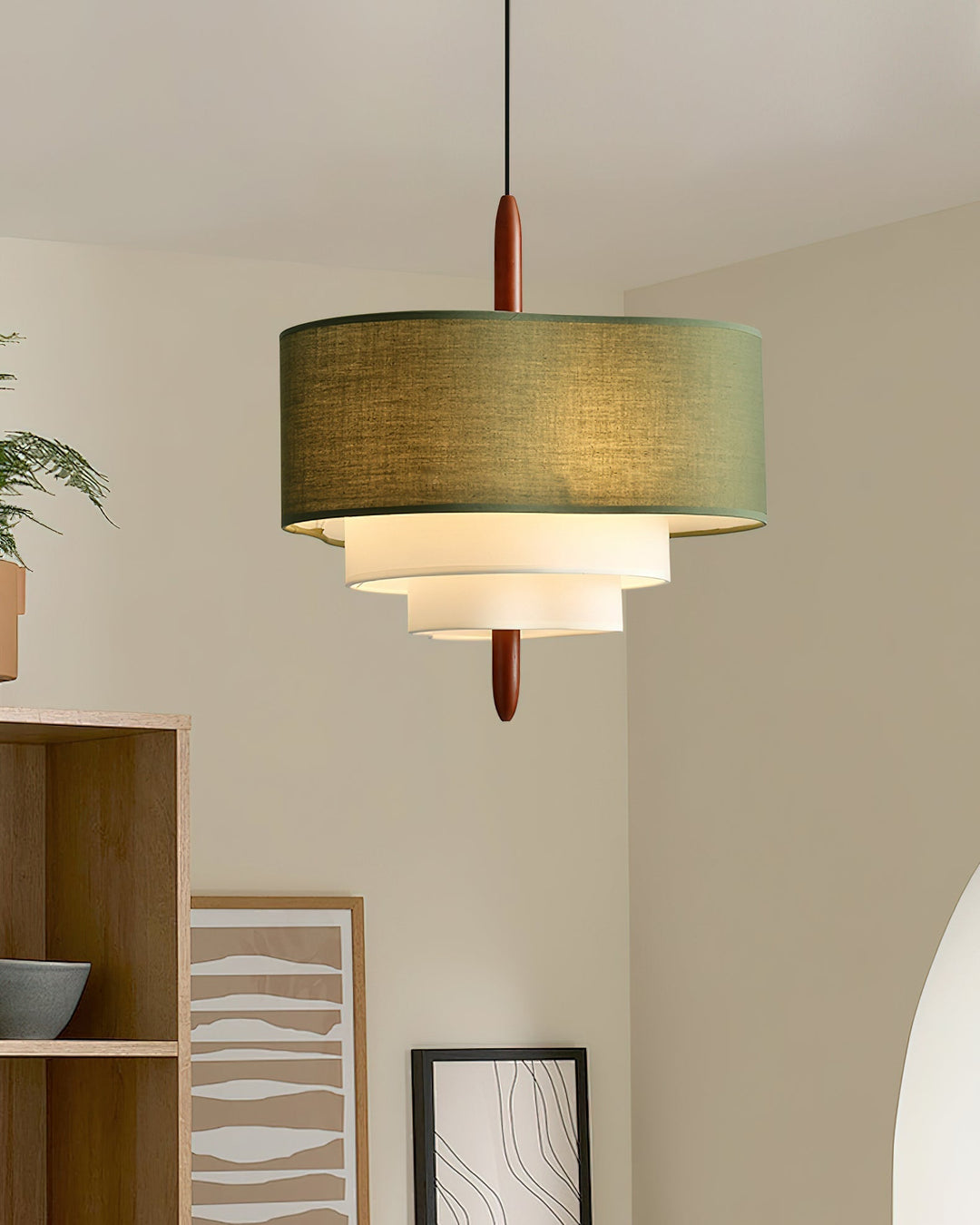Chic fabric pendant light with natural wood, perfect for a cozy bedroom atmosphere.