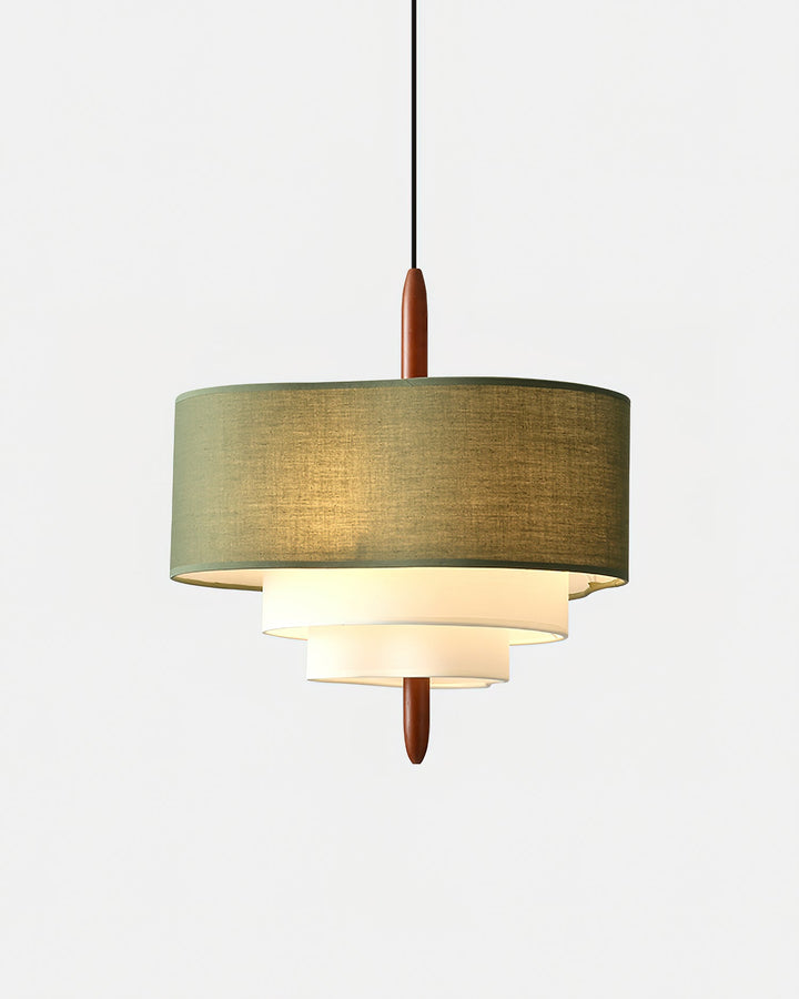 Home interior fabric ceiling light, modern style with rich wood accents.