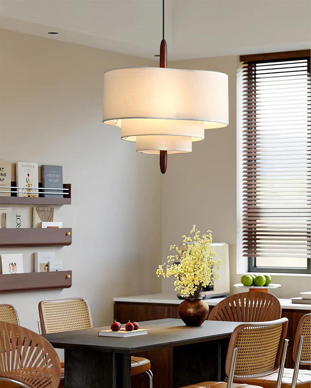Stylish ceiling lamp: contemporary fabric and wood pendant light for living spaces.