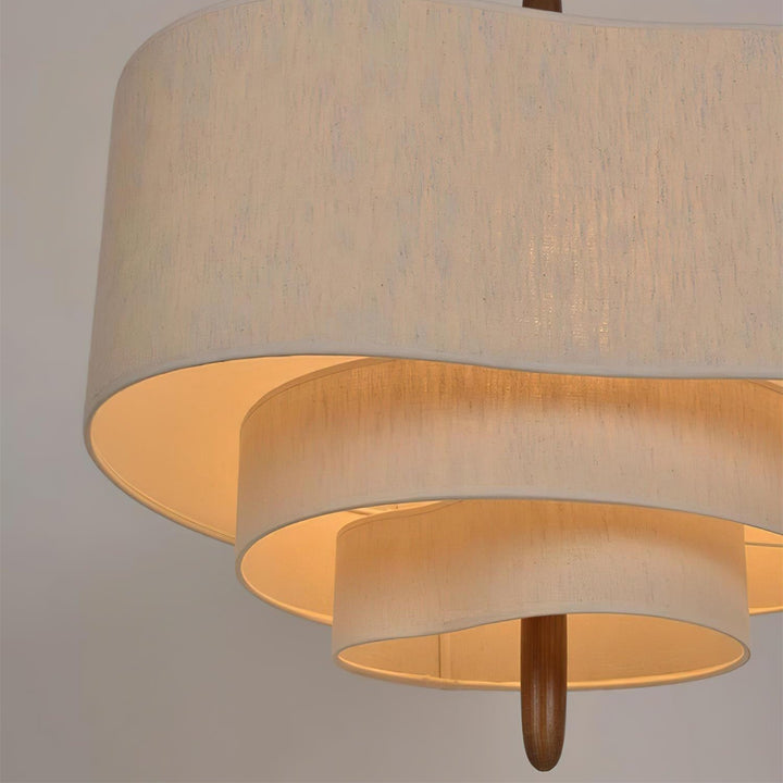 Contemporary fabric ceiling lamp featuring wood, enhancing dining room lighting.