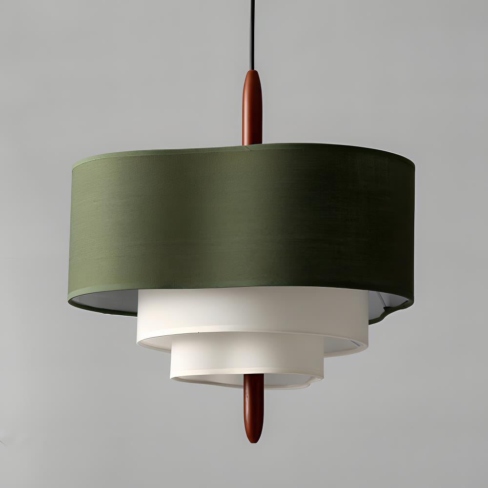 Designer fabric pendant light, adjustable for various ceiling heights in dining rooms.
