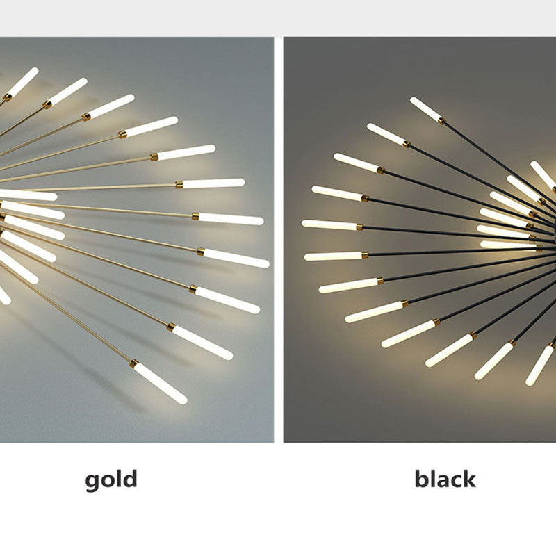 Gold firework LED ceiling light, sleek modern flush mount, adds sparkle to rooms.