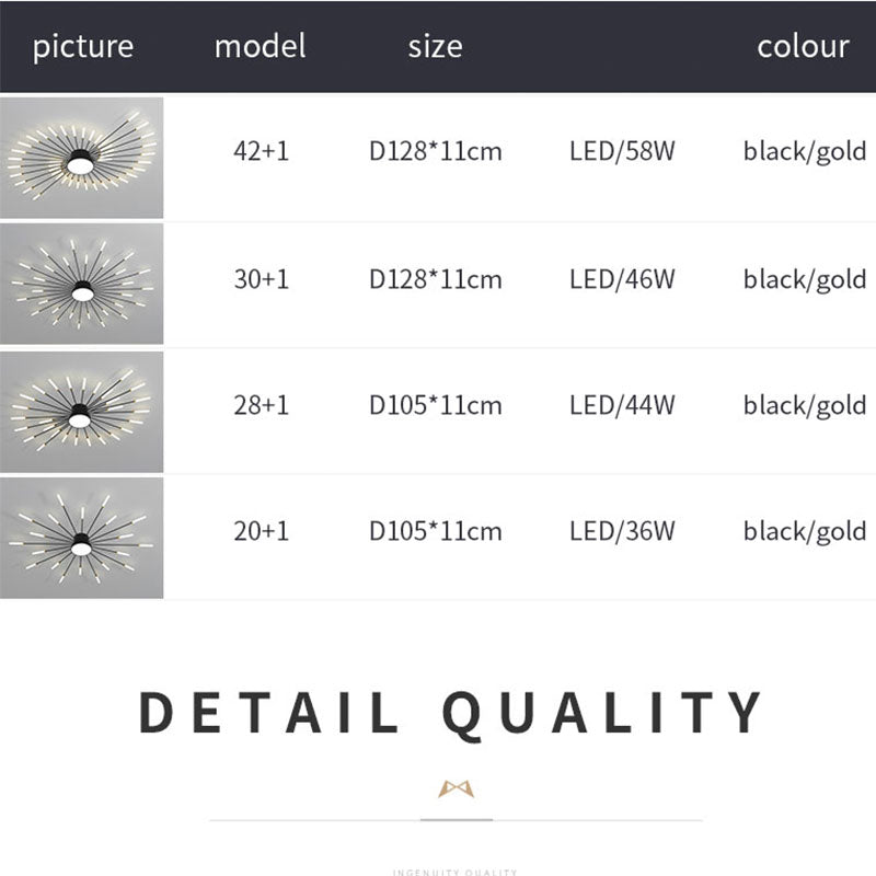 Modern black LED flush mount, firework design, bright indoor lighting solution.