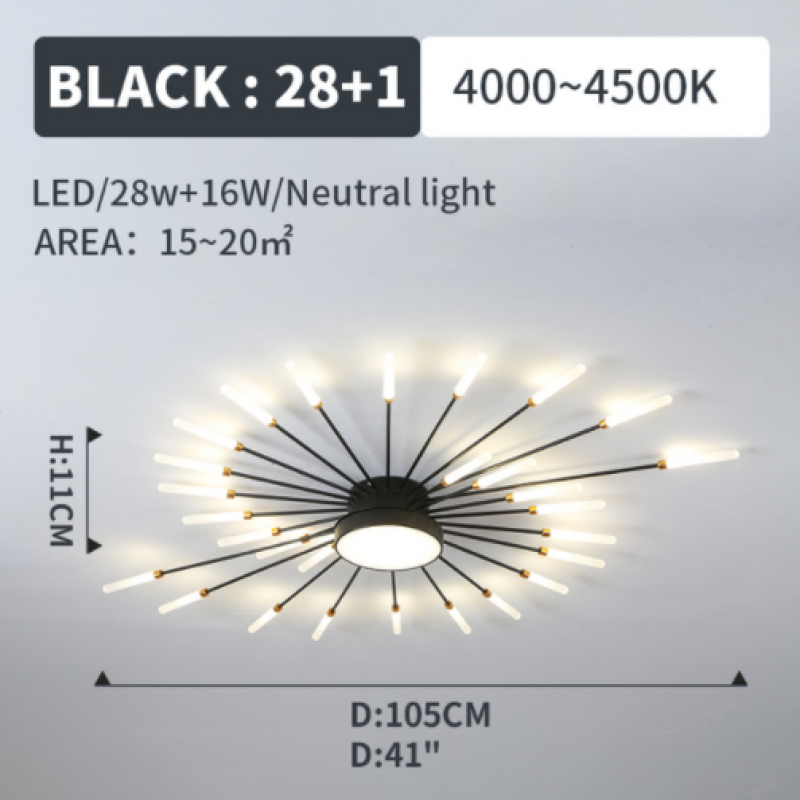 Modern black LED ceiling light, firework design, flush mount for stylish rooms.
