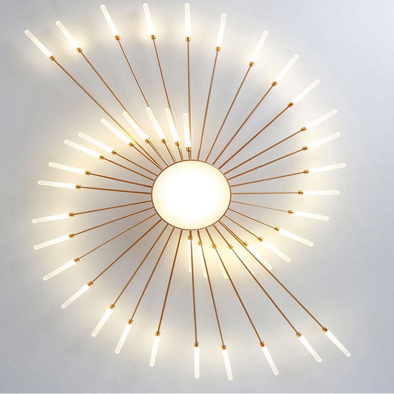 Gold firework LED ceiling fixture, dimmable, flush mount, enhances modern interiors.