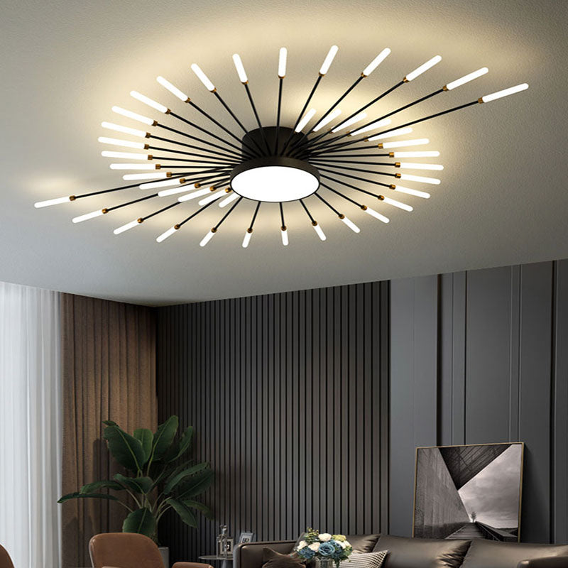Black firework LED ceiling light, modern flush mount, dimmable, perfect for bedroom.